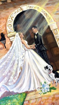 a painting of a bride and groom with their dog