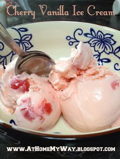 two scoops of cherry vanilla ice cream in a bowl