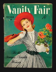 the cover of vanity fair magazine shows a woman with flowers in her hand and a red hat