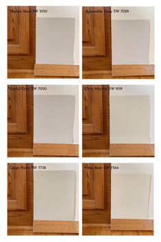 six pictures showing different types of white paint on wood cabinets and doors, with the same color