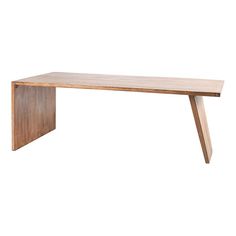 a wooden table sitting on top of a white wall