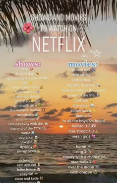 a beach scene with the words netflix and movies written in different languages, on top of it