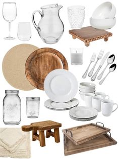 a collage of white dishes and utensils