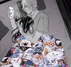 an anime character with many cats all over his body and head, holding a cell phone