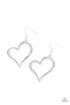 A curvaceous silver heart is encrusted in sections of glittery pink rhinestones, invoking a flirtatious flair. Earring attaches to a standard fishhook fitting. Sold as one pair of earrings. Pink Heart Earrings, Pink Peacock, Silver Heart Earrings, Heart Frame, Silver Frames, Paparazzi Accessories, White Rhinestone, Paparazzi Jewelry, Affordable Jewelry