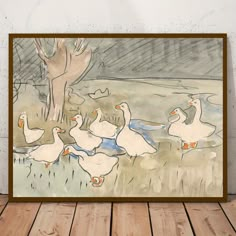 there is a painting on the wall with ducks in it