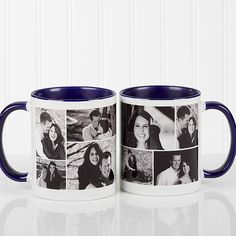 two blue and white coffee mugs with photos on them