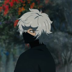 an anime character with white hair wearing a black mask and looking off into the distance