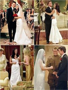 four different pictures of people in wedding dresses and tuxedos, one is holding the bride's hand