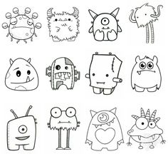 some cartoon monsters are drawn in black and white