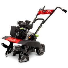 a red and black lawn mower on a white background