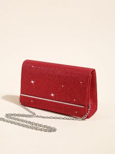 Red Glamorous Collar  Glitter Plain Square Bag Embellished   Women Bags Glitter Clutch Bag, Glitter Clutch, Red Purse, Red Purses, Small Clutch, Word Wrap, Black Chain, Evening Clutch Bag, Chain Bag