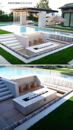 an outdoor living area is shown in two different views, with grass and steps leading up to the pool