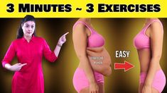 a woman in pink shirt and panties pointing at her stomach with 3 minutes to exercise