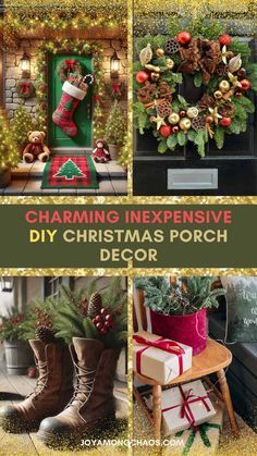 christmas porch decorations with presents and stockings on the front door, including wreaths, pine cones