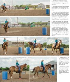 several pictures of a woman riding a horse in an arena with barrels and blue barrels