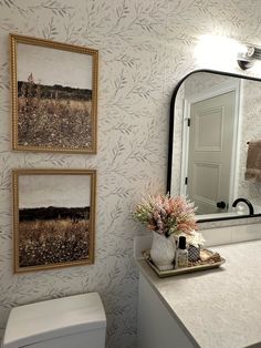 a bathroom with two pictures hanging on the wall and a toilet in front of it