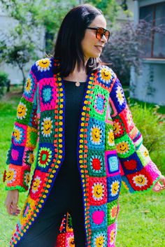 Bohemian Multicolor Open Front Outerwear, Colorful Bohemian Outerwear For Spring, Multicolor Long Sleeve Cardigan For Festival, Festival Multicolor Long Sleeve Cardigan, Multicolor Open Front Patchwork Outerwear, Multicolor Long Sleeve Festival Cardigan, Granny Square Jacket Pattern Free Coats & Jackets, Casual Multicolor Granny Square Outerwear, Long Multicolor Granny Square Cardigan