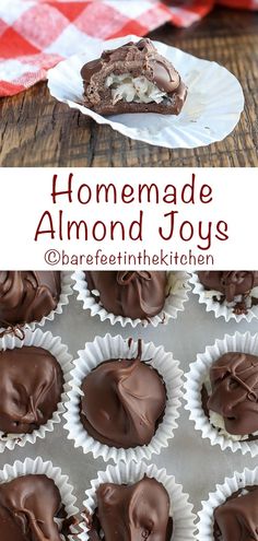 homemade chocolate almond joys on a white plate with red and white checkered table cloth