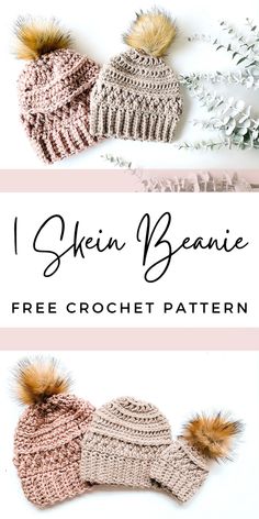 two crocheted hats with pom poms on them and the text, free cr