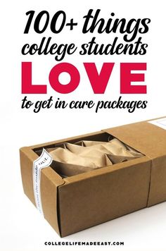 an open box with the words, 100 things college students love to get in care packages