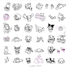 an assortment of cartoon animals drawn in ink on white paper with pink and black ink