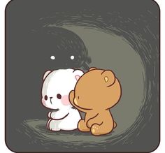 two teddy bears are sitting together in the dark cave, one is hugging the other