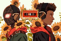 two people with headphones are standing in front of sunflowers and an old radio