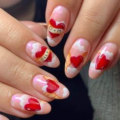 Valentines Nails Unique, Cupid Nails Designs, Kewpie Nails, Vintage Inspired Nails, 3d Valentines Nails, Grunge Valentines Nails, Alt Valentines Nails, Spooky Valentines Nails, Black 90s Aesthetic