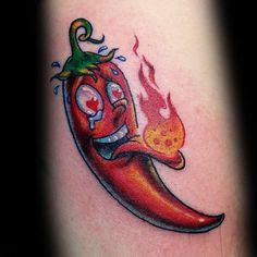 a red hot chili pepper with an evil face on it's head and flames coming out of its mouth