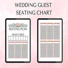 the wedding guest seating chart is shown on two tablets with pink watercolor background and text