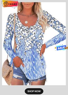 Blue Floral Printed Buttoned Shift Long Sleeve Casual Tunic Top Theme Painting, Casual Blouse Shirts, Purple Blush, Tunic Tops Casual, Bleu Violet, Floral Graphic, Floral Theme, Women Shirts Blouse, Basic Tops