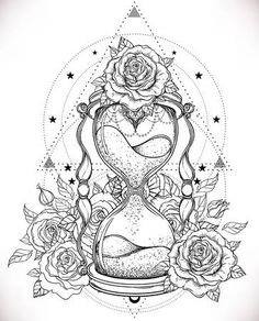 an hourglass with roses and stars in the background on a white background, hand drawn