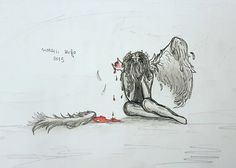 a drawing of an angel kneeling down next to a dead bird with blood on it