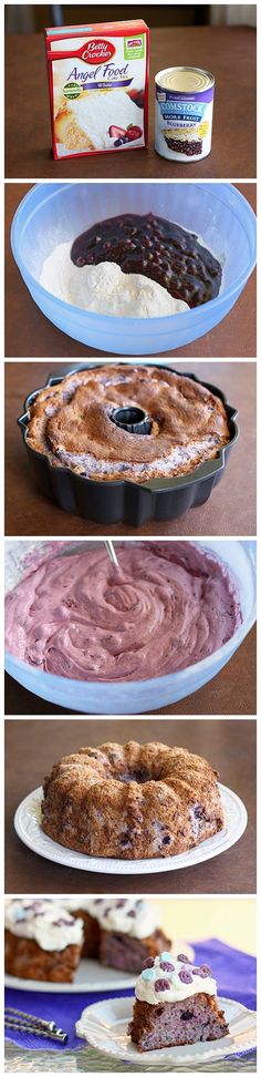 four pictures showing different types of desserts on plates and in pans, including cake