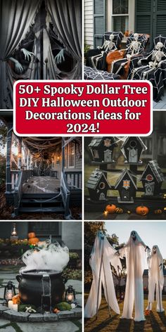 halloween outdoor decorations with text overlay that reads, 50 spooky dollar tree diy halloween outdoor decorations ideas for 2021