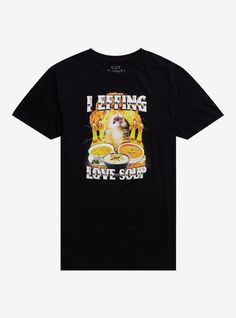 Love soup? This cat can relate. Grab this fun tee right meow  featuring "I effing love soup" and a screaming cat surrounded by screaming chicken toys and bowls of soup at the front. As life should be.Officially licensed art by Got Funny?.100% cottonWash cold; dry lowImportedListed in men'sunisex sizes Cursed Clothes, Ironic Shirts, Cursed Items, Got Funny, Silly Shirts, Funny Clothing, Hot Topic Shirts, Meme Shirts, Silly Clothes