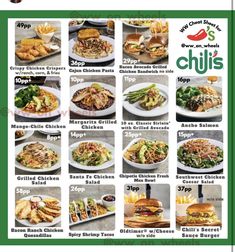 the menu for chili's is shown with different foods and drinks on it, including chicken