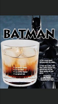 an advertisement for the batman movie, featuring a drink in a glass with ice cubes