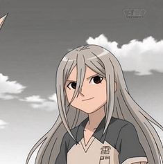 an anime character with long gray hair standing in front of a cloudy sky and looking at the camera