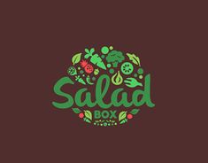 the salad box logo is shown in green and red colors on a dark brown background