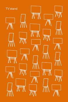 an orange poster with white drawings of easels and boards on it, all in different positions