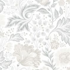 a white and grey floral wallpaper