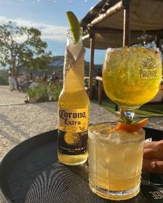 a bottle of corona extra next to a glass with an orange slice on the rim