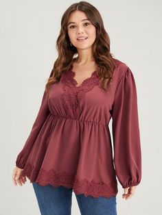 Solid Lantern Sleeve Ruffle Hem Lace Trim Blouse Blouse Necklines, Patchwork Sleeve, Lace Trim Blouse, Womens Trendy Tops, Fall Denim, Love Free, Plus Size Clothing For Women, Long Puff Sleeves, Peasant Blouse