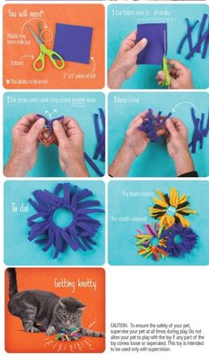 instructions to make an origami wreath with yarn and scissors for the cat sitting on it