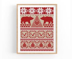 a cross stitch pattern with bears and snowflakes on the bottom, in red