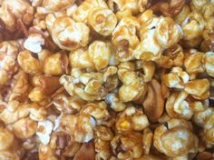 close up view of caramel popcorn kernels