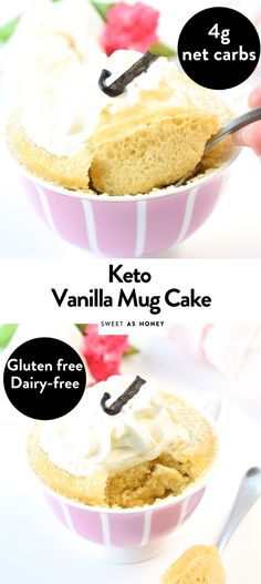 vanilla mug cake in a pink striped bowl