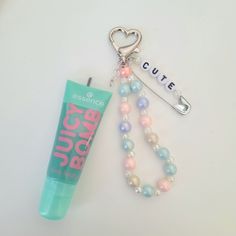 diy lipgloss keychain with beads, letter beads and heart shaped clip Stanley Charms Diy, Pinterest Diy, Bead Charms Diy